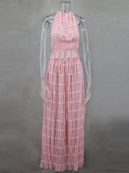Summer Sexy Sleeveless Backless Top High Waist Skirt Beach Christmas Party Dress Pink / S