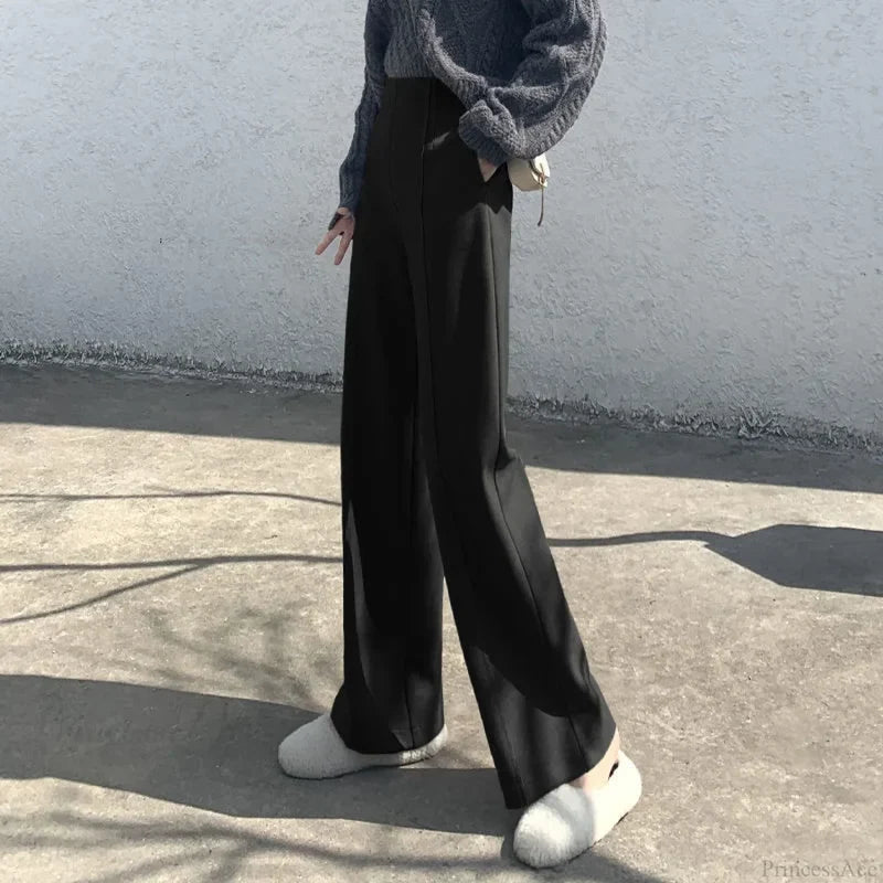 Super High Waist Wool Blend Warm Loose Cashmere Thick Woolen Pants Black / S 40-50Kg
