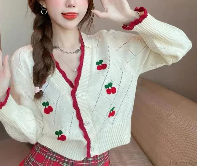 Sweet Cherry Button-Up Patchwork Knit Cardigan cardiagn-250126