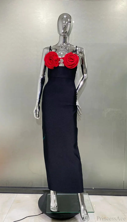 Three-Dimensional Flower Mid-Calf Party Dress Red Flowers / S Partydress-241208
