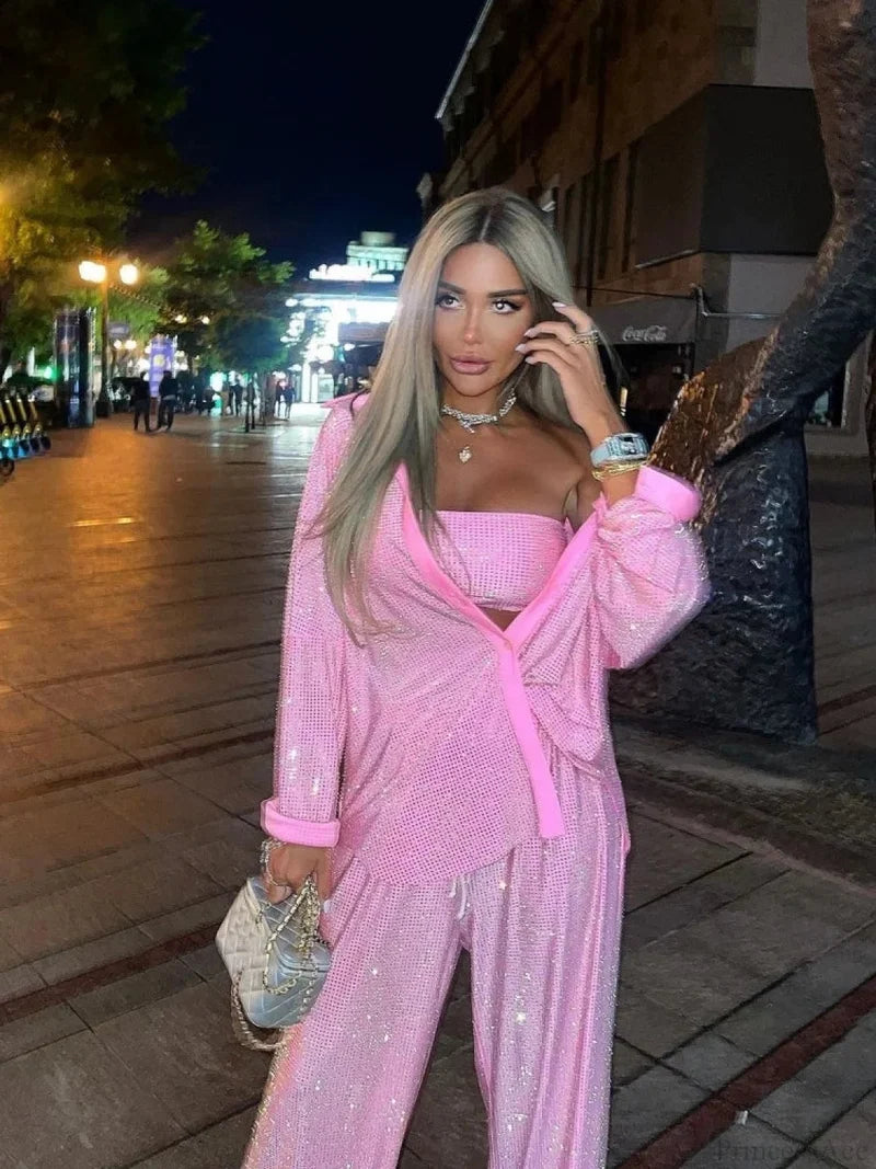 Three Piece Pants Set Sexy Sparkle Diamonds Long Sleeve Pink Christmas Party Dress Dresses-L