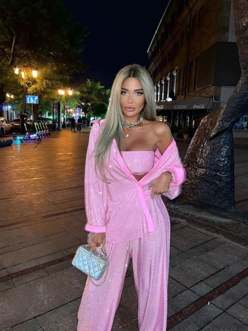 Three Piece Pants Set Sexy Sparkle Diamonds Long Sleeve Pink Christmas Party Dress Dresses-L