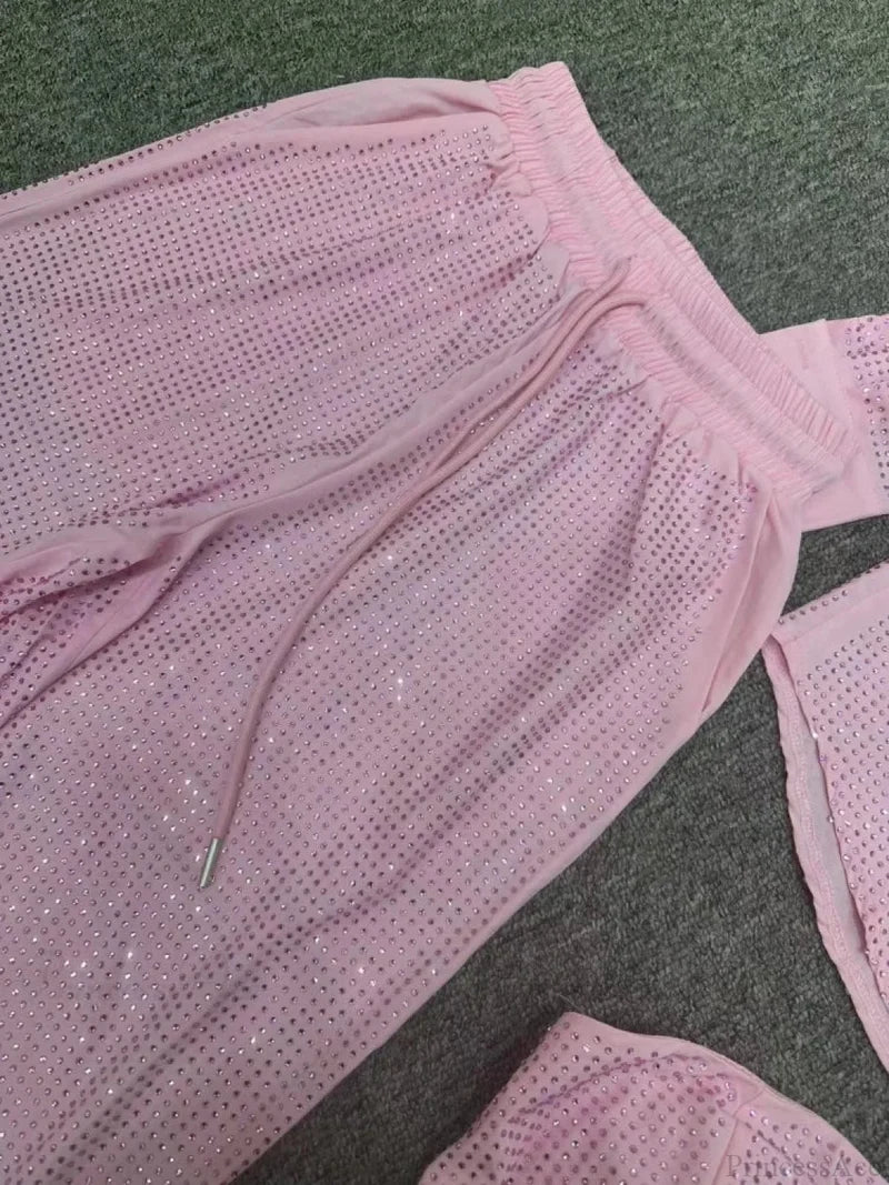 Three Piece Pants Set Sexy Sparkle Diamonds Long Sleeve Pink Christmas Party Dress Dresses-L