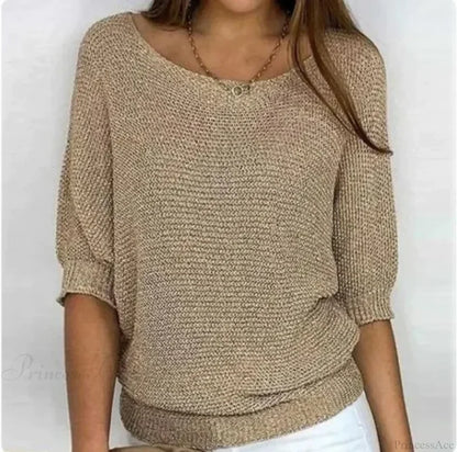 Three - Quarter Sleeve Elegant Purple Sweater khaki / S