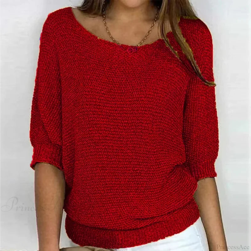 Three - Quarter Sleeve Elegant Purple Sweater Red / S