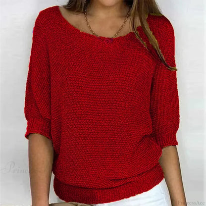 Three - Quarter Sleeve Elegant Purple Sweater Red / S