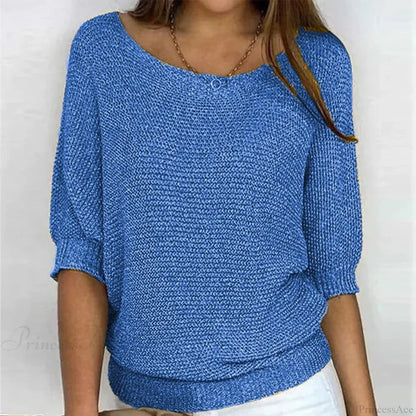 Three - Quarter Sleeve Elegant Purple Sweater Blue / S