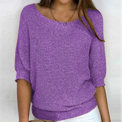 Three - Quarter Sleeve Elegant Purple Sweater Purple / S
