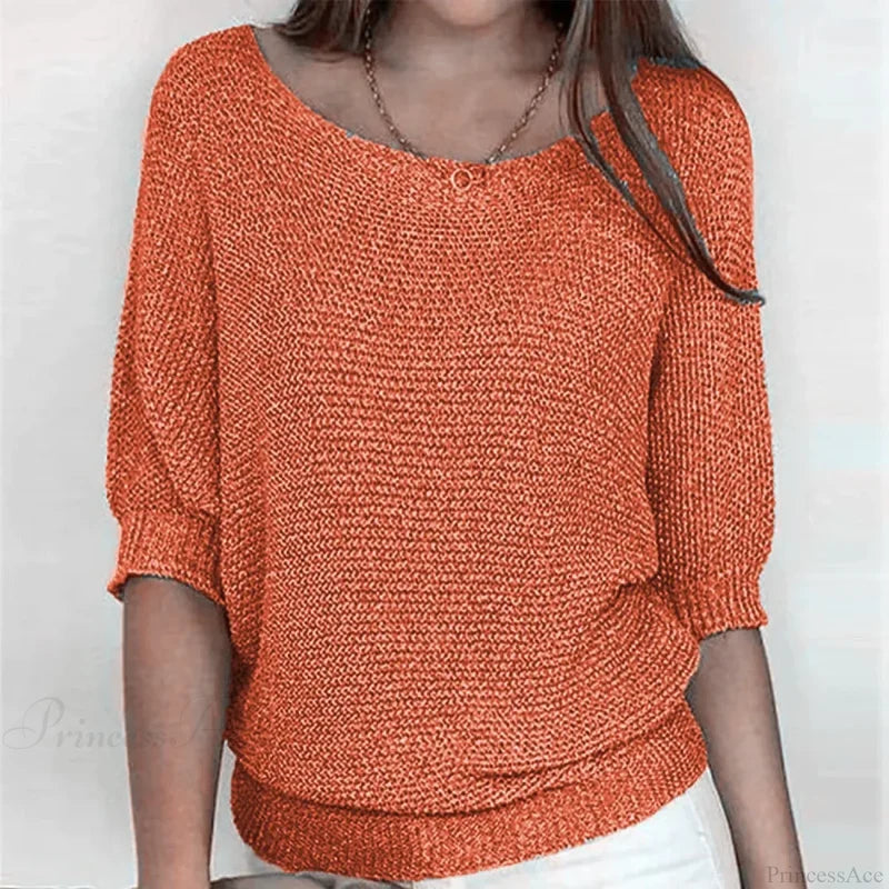 Three - Quarter Sleeve Elegant Purple Sweater Orange / S