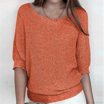 Three - Quarter Sleeve Elegant Purple Sweater Orange / S