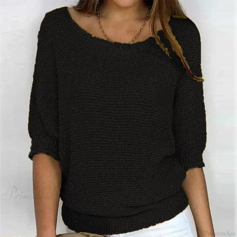 Three - Quarter Sleeve Elegant Purple Sweater Black / S