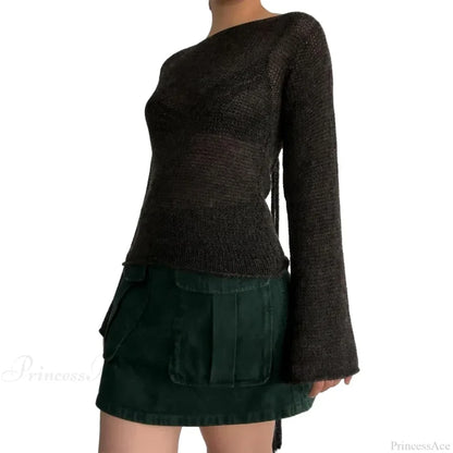 Tie Back Boat Neck Solid Color Sweater Black / S