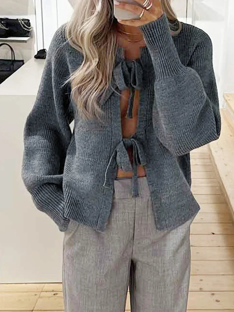 Tie Front Knit Autumn Cardigan Gray / S Cardigan-241208