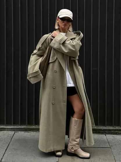 Turn-Down Collar Lace-Up Loose Overcoat Green / S