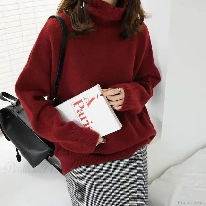Turtleneck Cashmere Thickened Sweater wine red / S