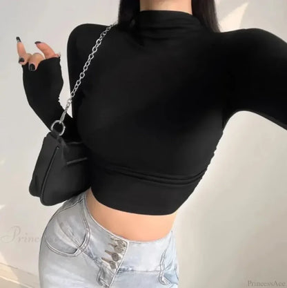 Turtleneck Ribbed Knit Slim Crop Sweater Black / M