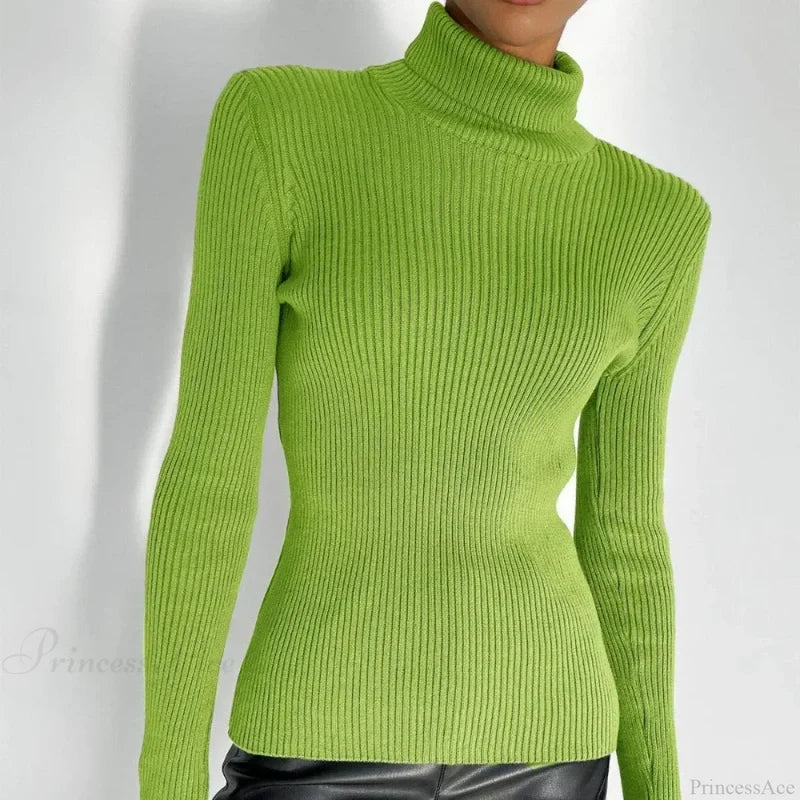 Turtleneck Slim Pullover Long Sleeve Sweater Green / M