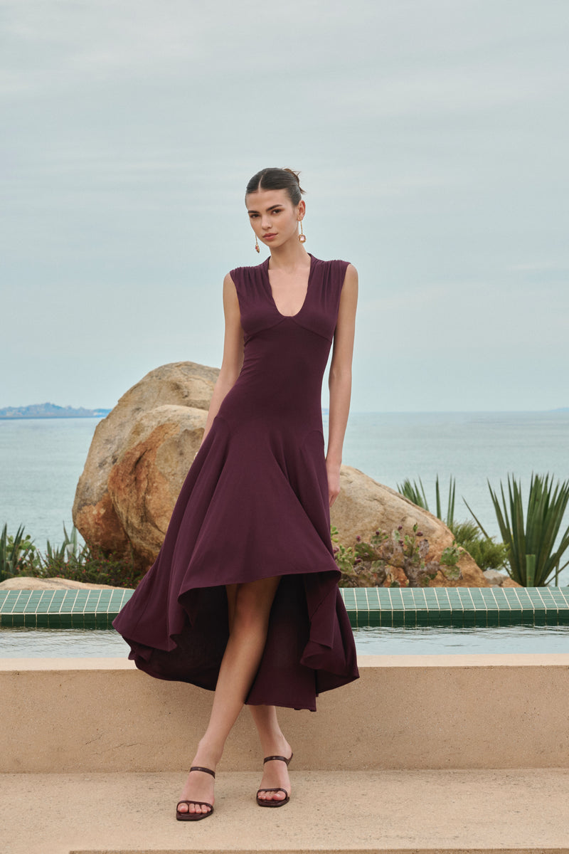 U-neck asymmetrical draped midi dress