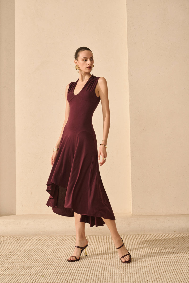 U-neck asymmetrical draped midi dress