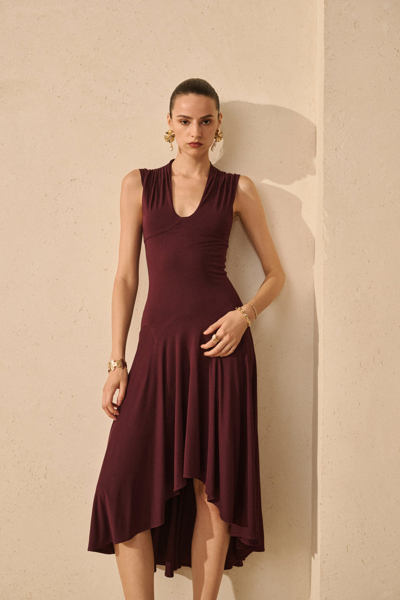 U-neck asymmetrical draped midi dress