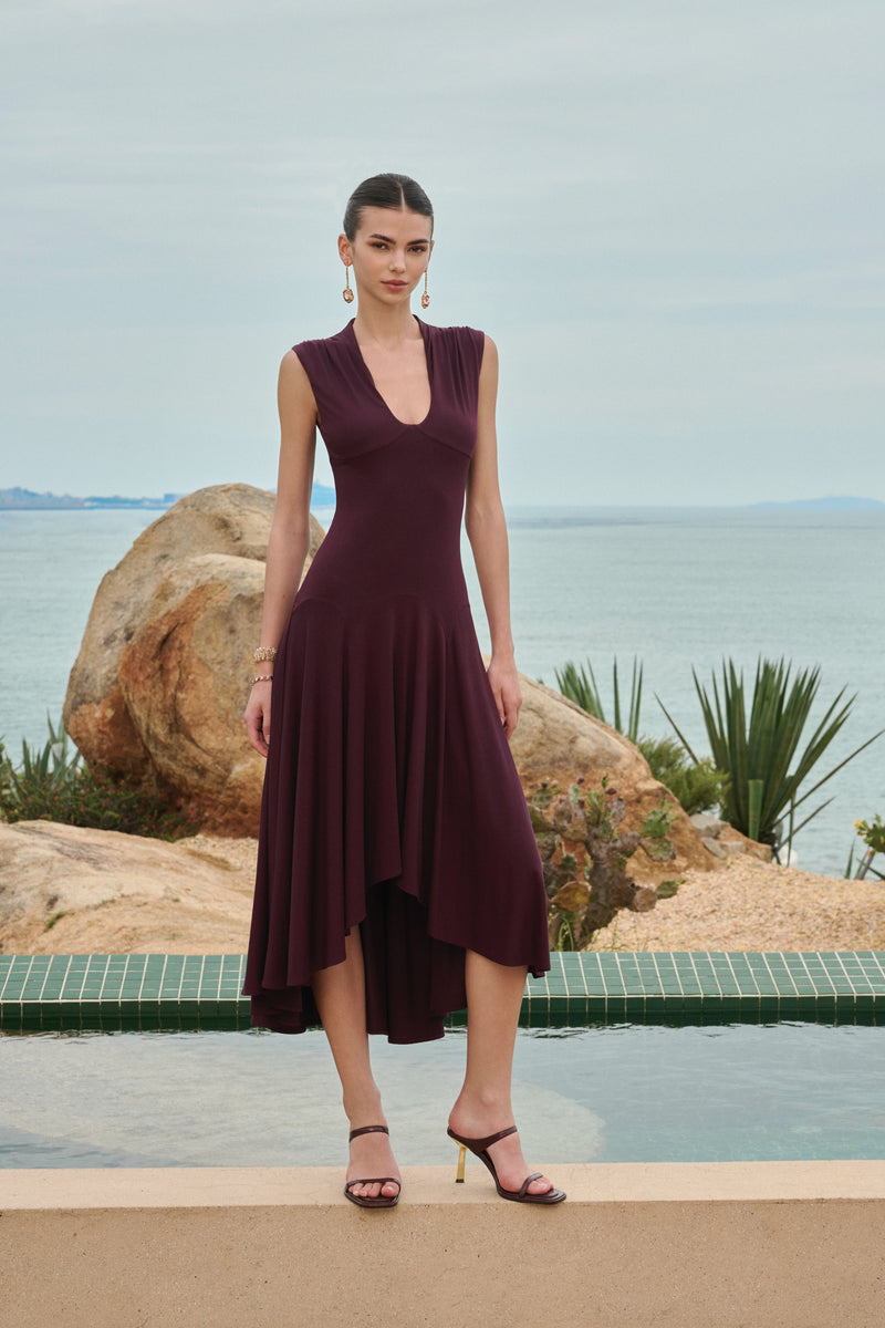 U-neck asymmetrical draped midi dress