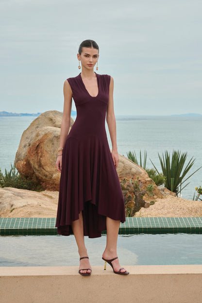 U-neck asymmetrical draped midi dress