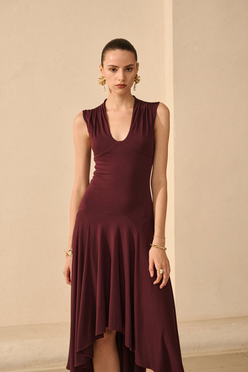 U-neck asymmetrical draped midi dress