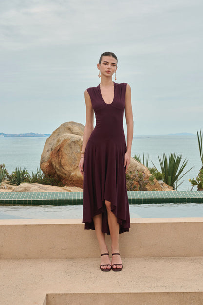 U-neck asymmetrical draped midi dress