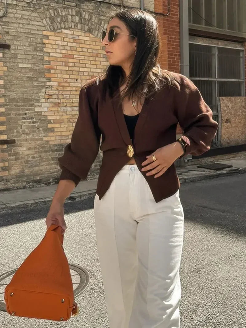 V-neck Button Slim Fit Cardigan Coffee / S