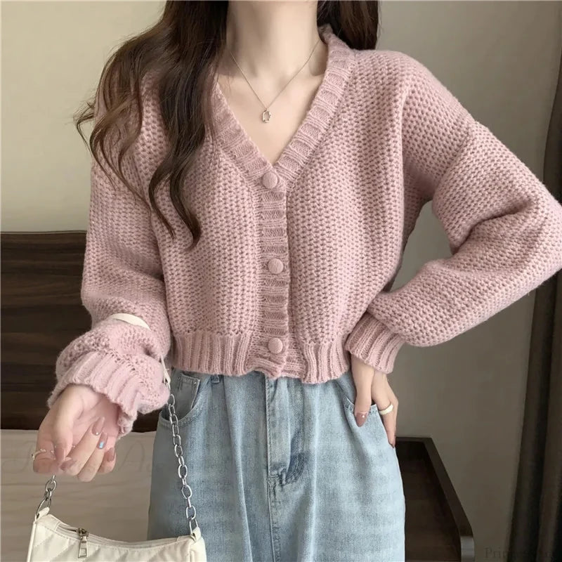 V-neck Button-Up Knit Cardigan PINK / One Size