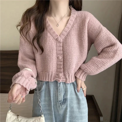 V-neck Button-Up Knit Cardigan PINK / One Size