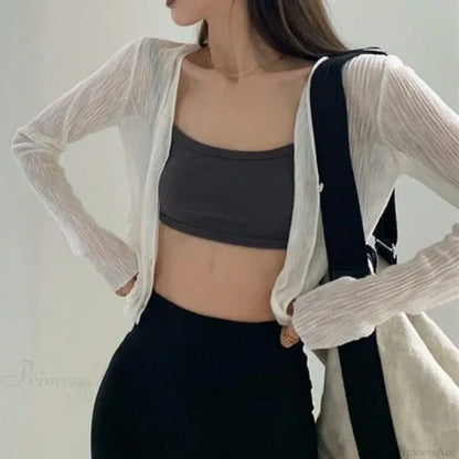 V-Neck Thin Long Sleeve Sunscreen Casual Black White Cardigan cardiagn-250126