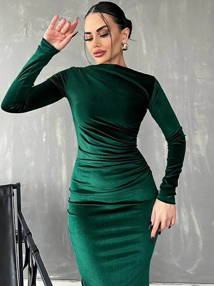Velvet Long Sleeve Midi Dress - Elegant Party Clothes For Christmas Dresses-L
