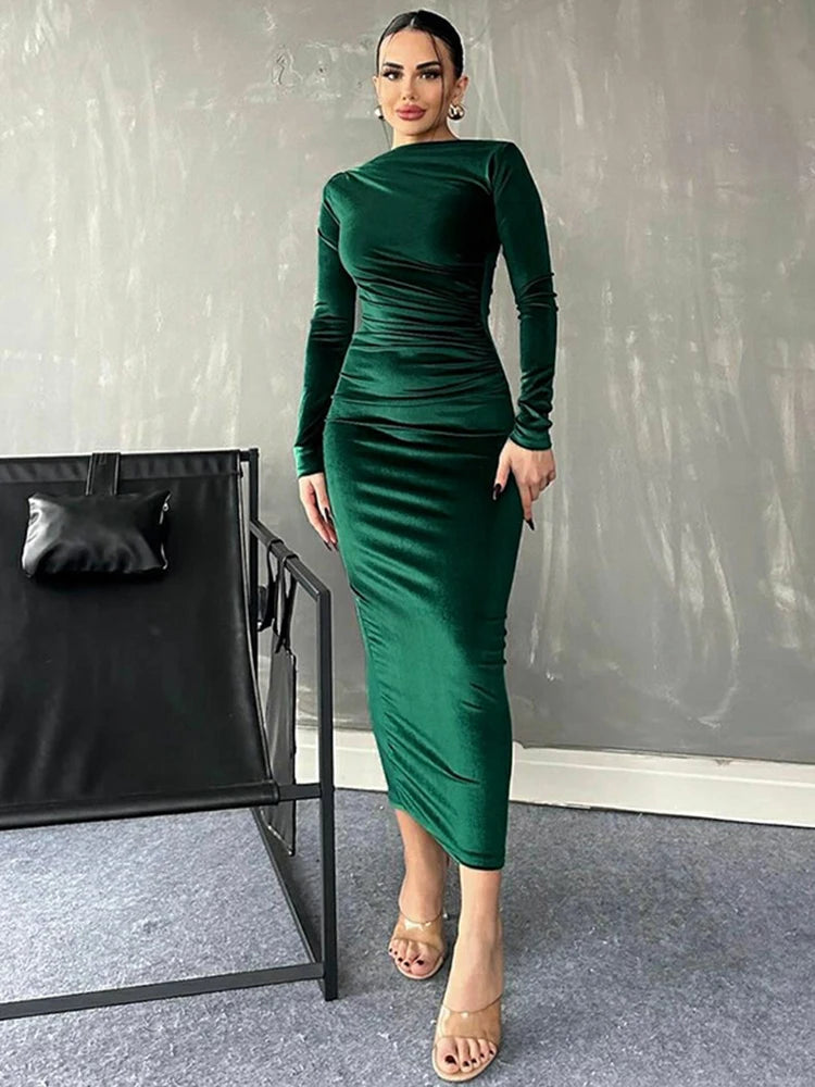 Velvet Long Sleeve Midi Dress - Elegant Party Clothes For Christmas Dresses-L