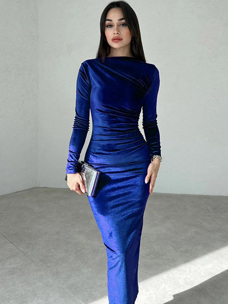 Velvet Long Sleeve Midi Dress - Elegant Party Clothes For Christmas Dresses-L