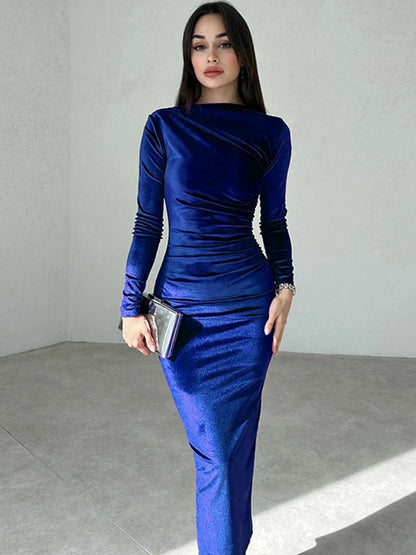Velvet Long Sleeve Midi Dress - Elegant Party Clothes For Christmas Dresses-L