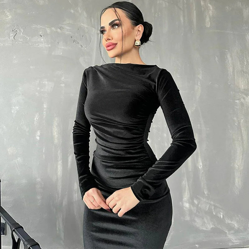 Velvet Long Sleeve Midi Dress - Elegant Party Clothes For Christmas Black / S Dresses-L