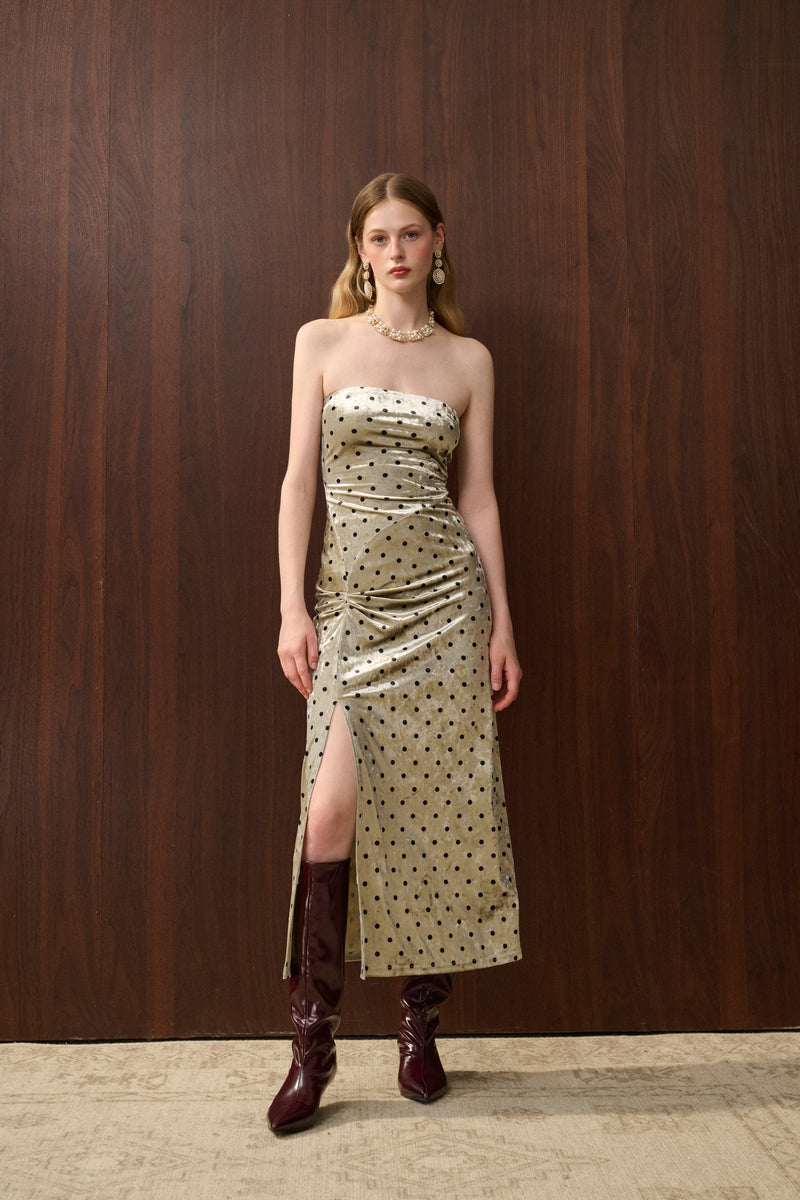 Velvet polka dot strapless dress