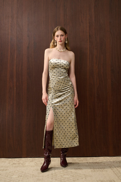 Velvet polka dot strapless dress