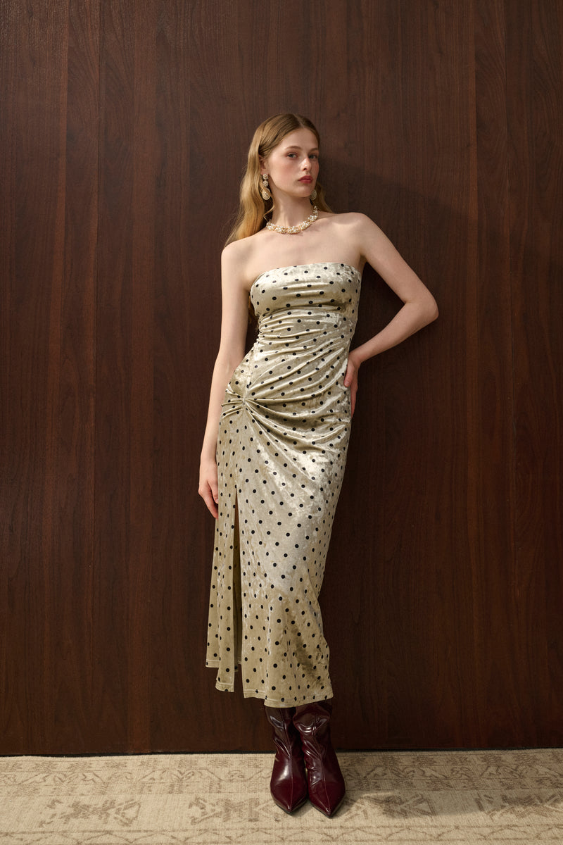 Velvet polka dot strapless dress