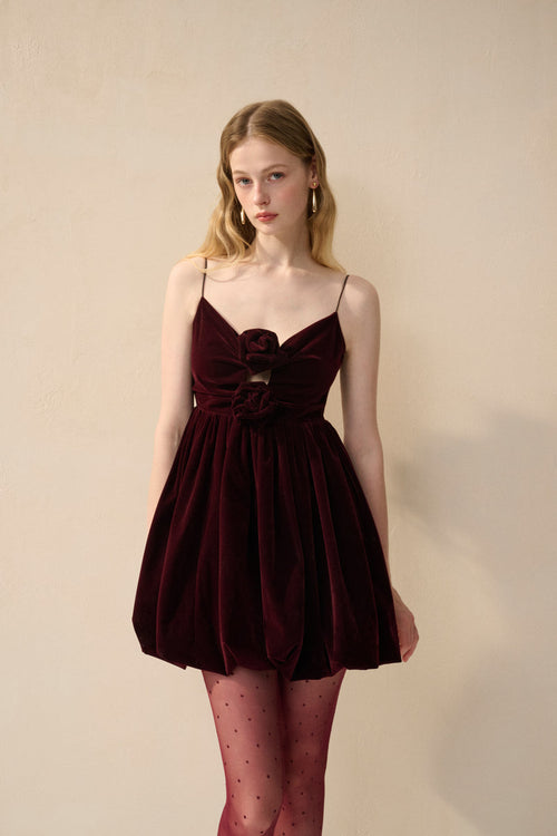 Velvet spaghetti strap rosette dress