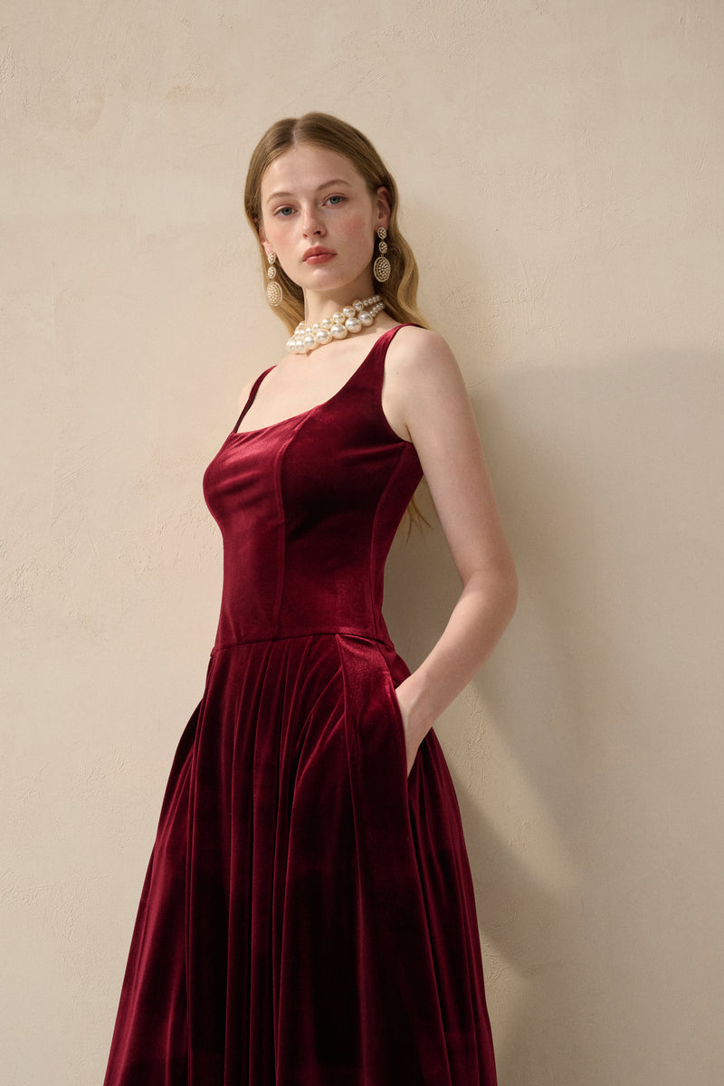 Velvet square neck midi dress