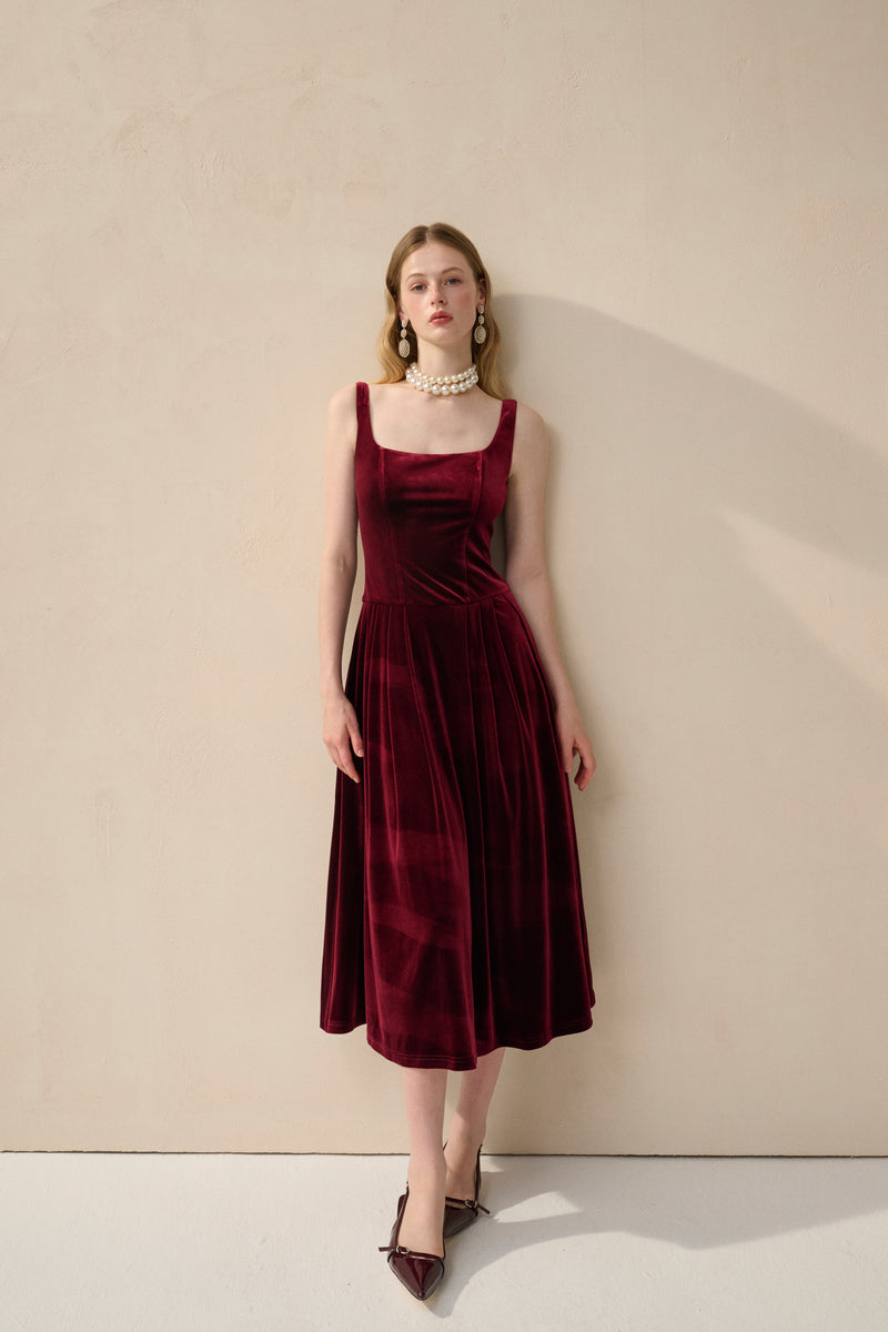 Velvet square neck midi dress