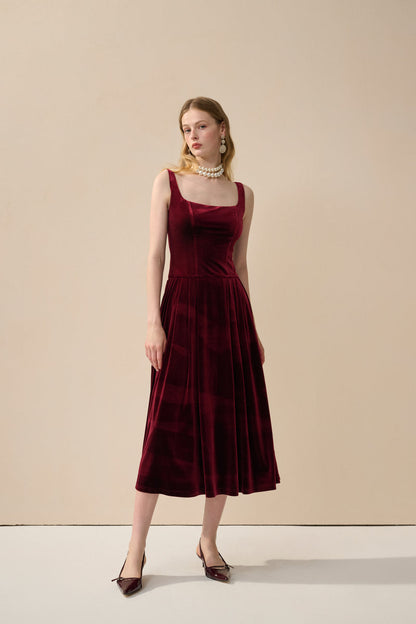 Velvet square neck midi dress