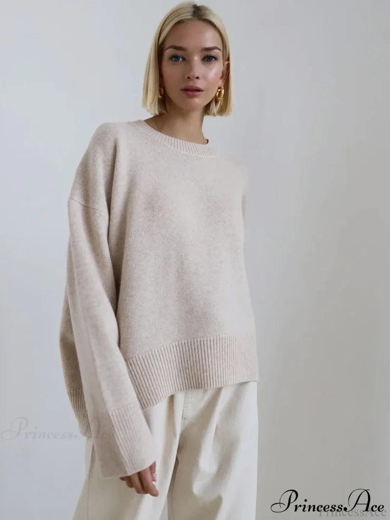 Vintage Casual Cozy Stylish Autumnal Streetwear Warm Long Sleeve Sweater Beige / One Size Sweaters-L
