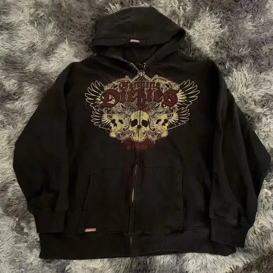 Vintage Gothic Skull Zip Up Hoodie black 1 / S