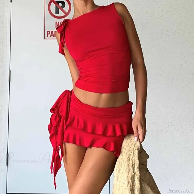 Vintage Lettuce Edge Tie Up Crop Top + Ruched Tiered Ruffles Mini Skirt Coquette 2 Piece Set Women Club Party