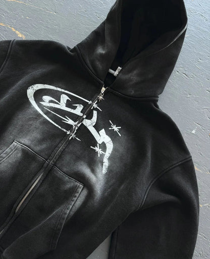 Vintage Print Zip Up Hoodie