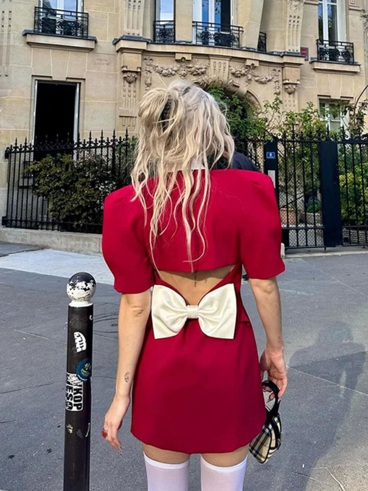 Vintage Red Contrasting Button Mini Dresses Elegant V Neck A-Line Christmas Party Dress Dresses-L