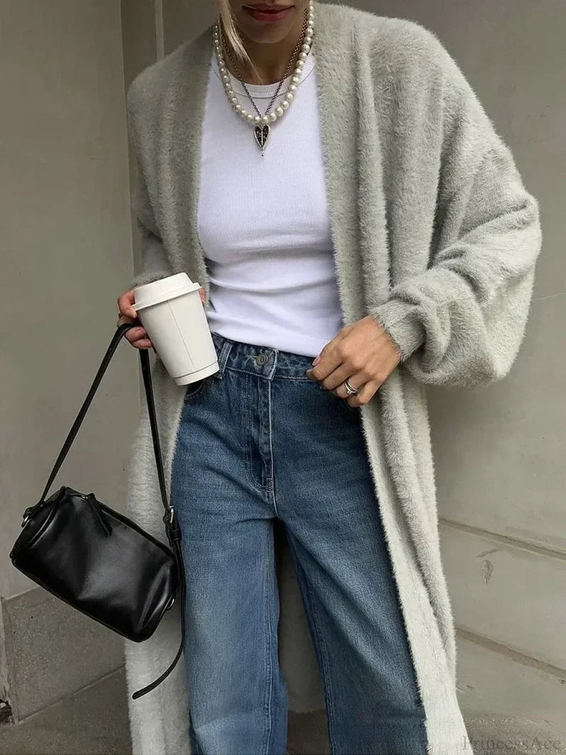 Vintage Solid Fluffy Warm Oversized Cardigan GRAY / S